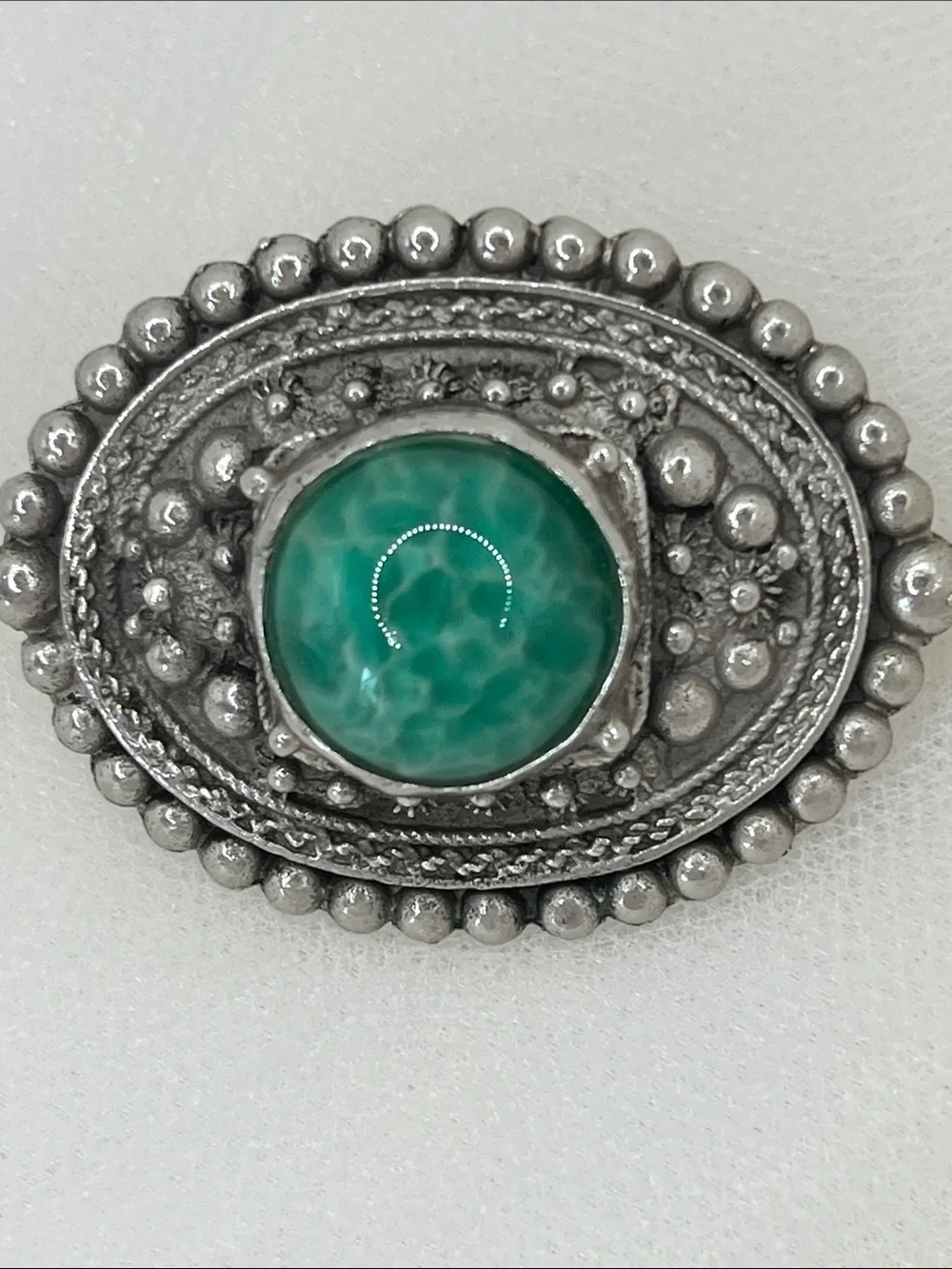 Vintage Green stone brooch. Marked 800 continental Silver frame Piece 2.1 oz/59g